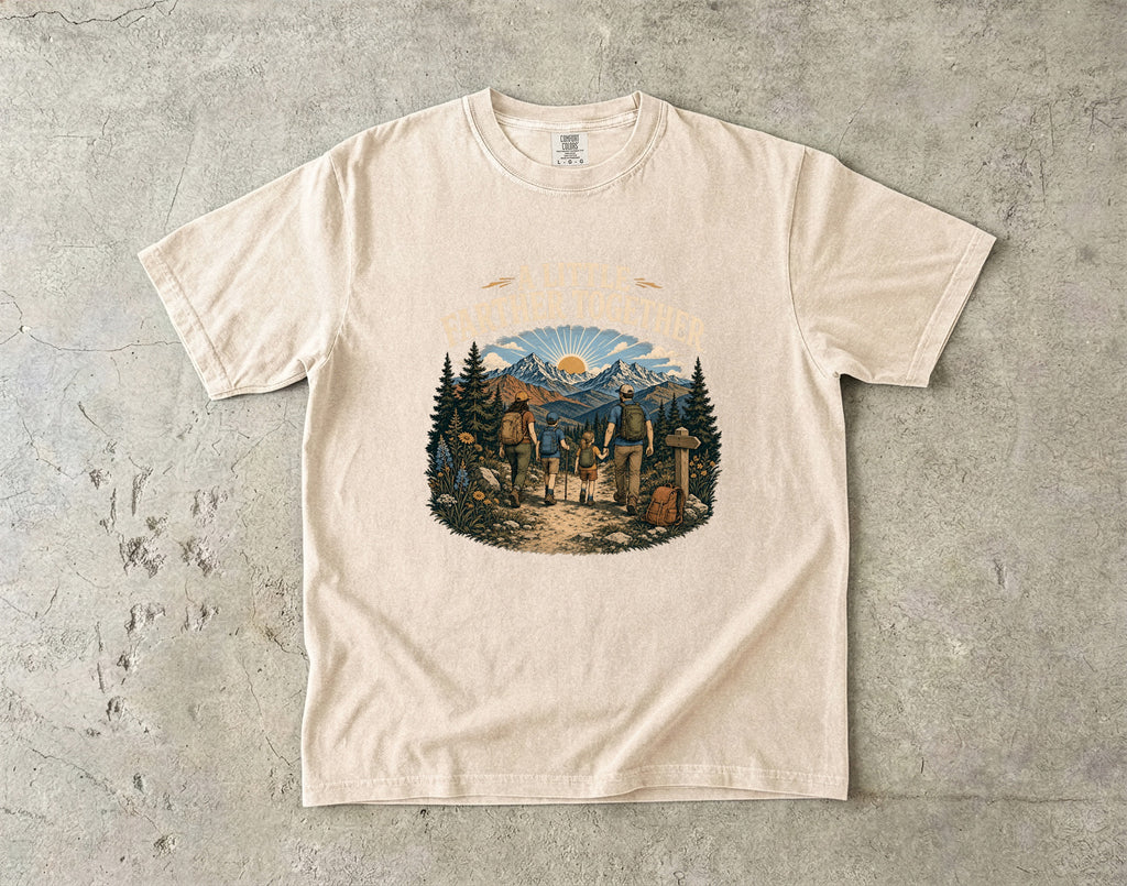 A Little Farther Together Hiking Family Shirt in Ivory – flat lay