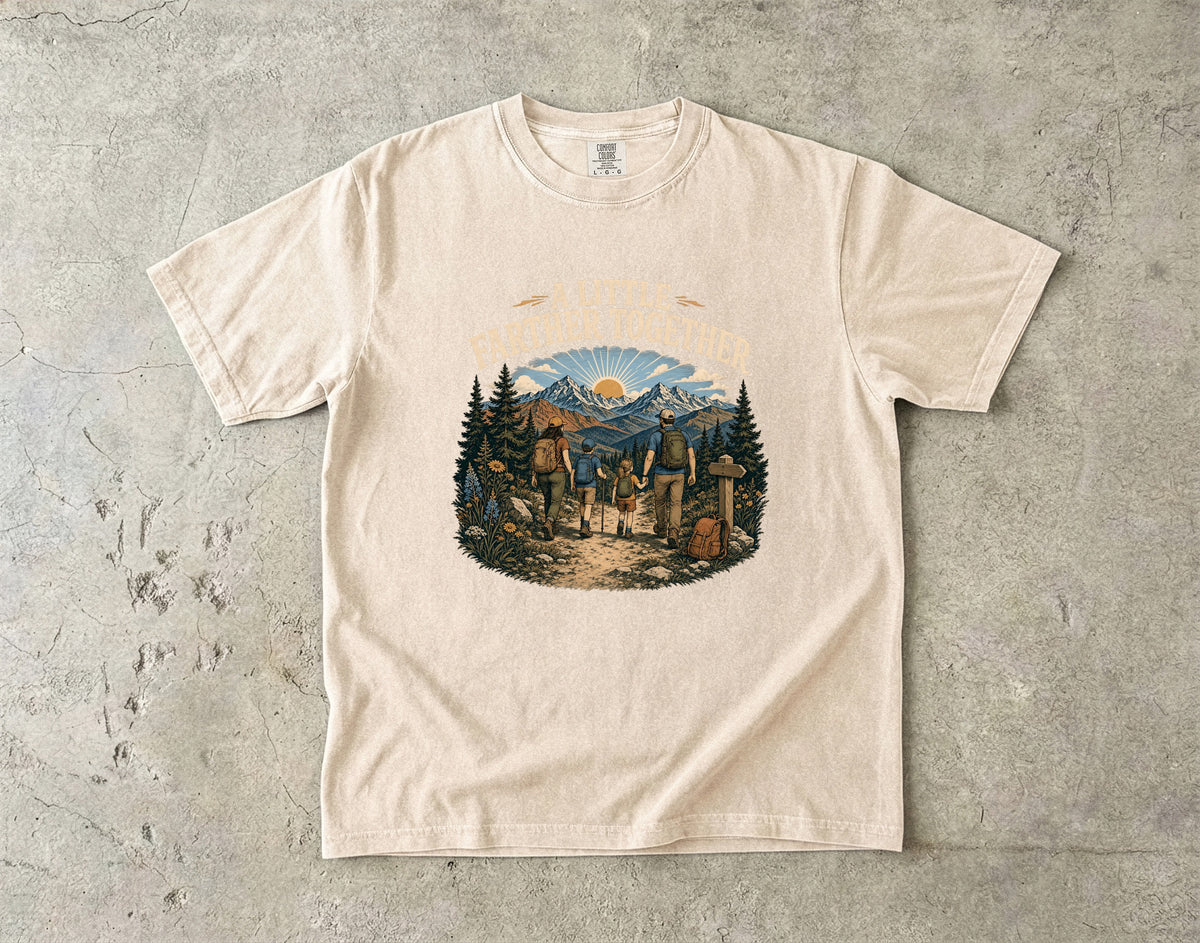 A Little Farther Together Hiking Family Shirt in Ivory – flat lay