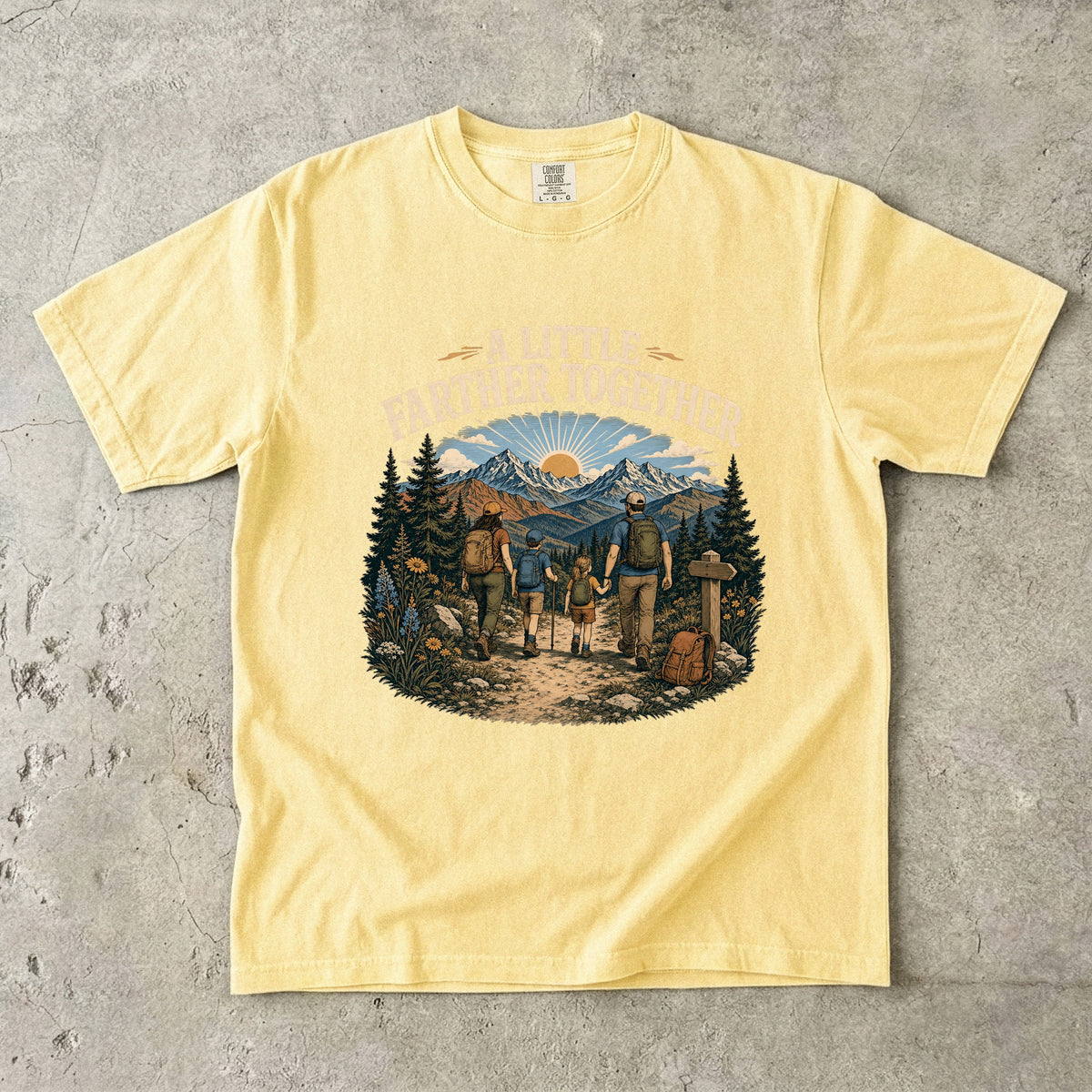 A Little Farther Together Hiking Family Shirt in Butter – flat lay