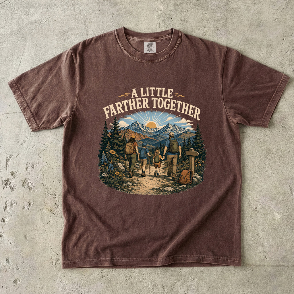 A Little Farther Together Hiking Family Shirt in Espresso – flat lay