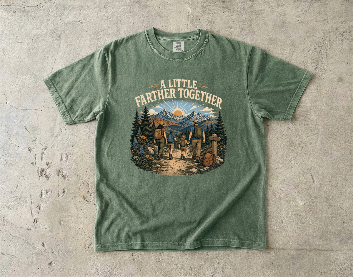 A Little Farther Together Hiking Family Shirt in Moss – flat lay