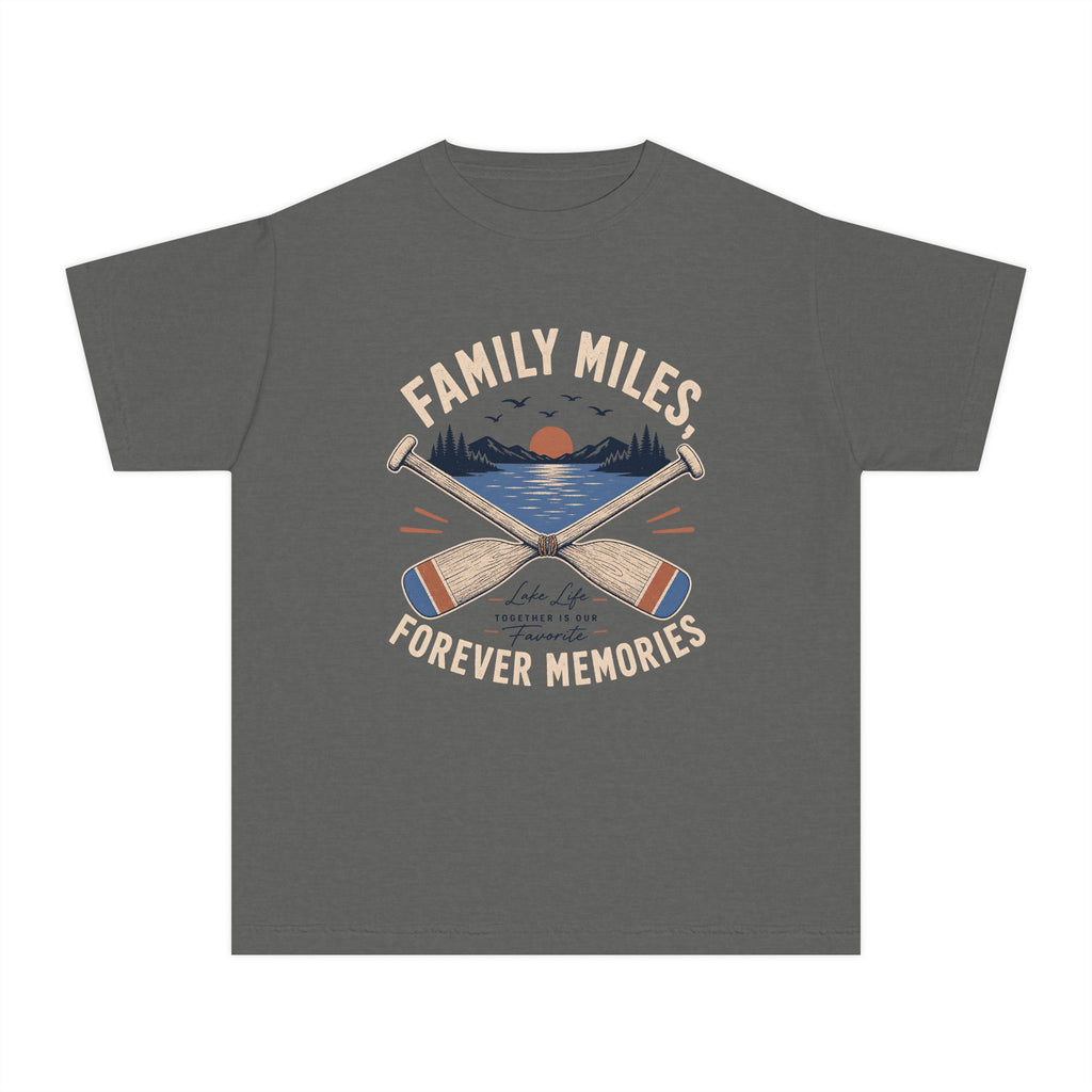 Family Miles Forever Memories Youth Tee – Kids' Comfort Colors Lake Vacation Shirt in Pepper – flat lay