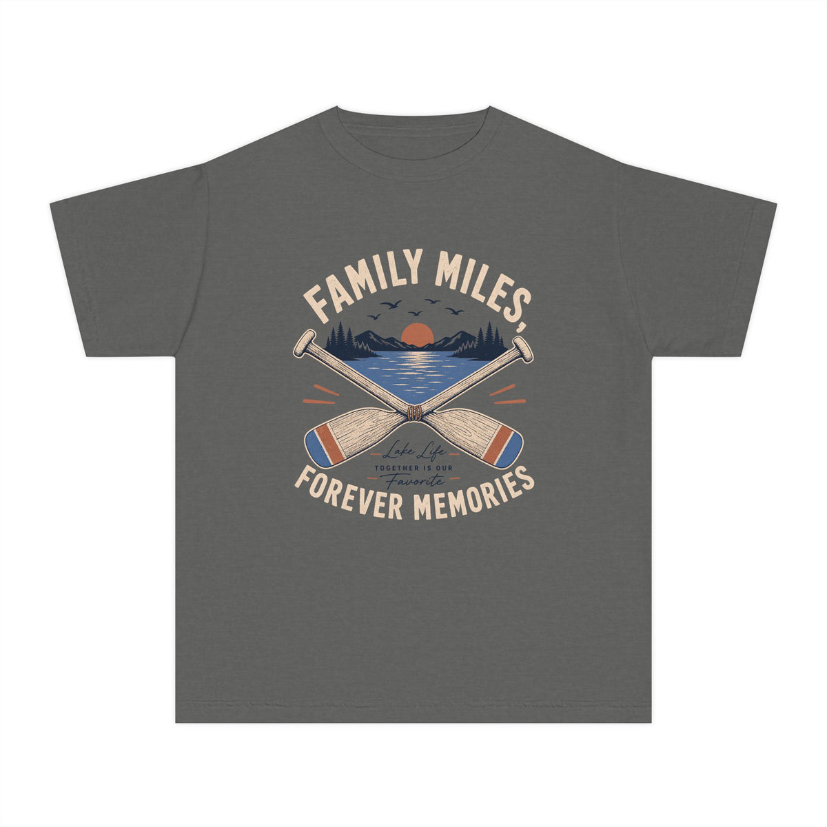 Family Miles Forever Memories Youth Tee – Kids' Comfort Colors Lake Vacation Shirt in Pepper – flat lay