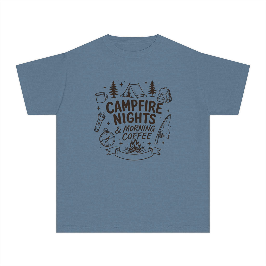 Campfire Nights and Morning Coffee Youth Tee – Kids' Comfort Colors Camping Shirt in Blue Jean – flat lay