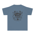 Campfire Nights and Morning Coffee Youth Tee – Kids' Comfort Colors Camping Shirt in Blue Jean – flat lay