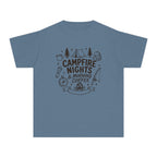 Campfire Nights and Morning Coffee Youth Tee – Kids' Comfort Colors Camping Shirt in Blue Jean – flat lay