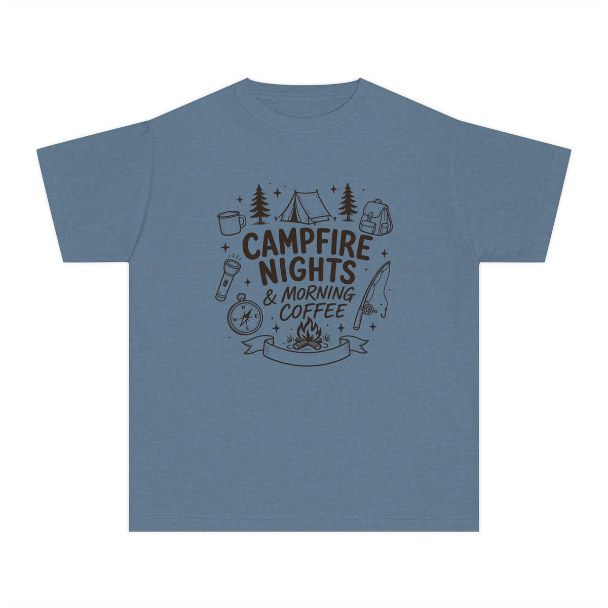 Campfire Nights and Morning Coffee Youth Tee – Kids' Comfort Colors Camping Shirt in Blue Jean – flat lay