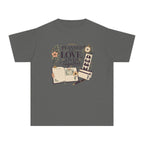 Planned With Love Lived Together Youth Tee – Kids' Comfort Colors Family Travel Shirt in Pepper – flat lay