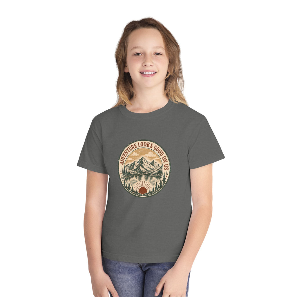 Adventure Looks Good On Us Youth Tee – Kids' Comfort Colors Mountain Travel Shirt – flat lay