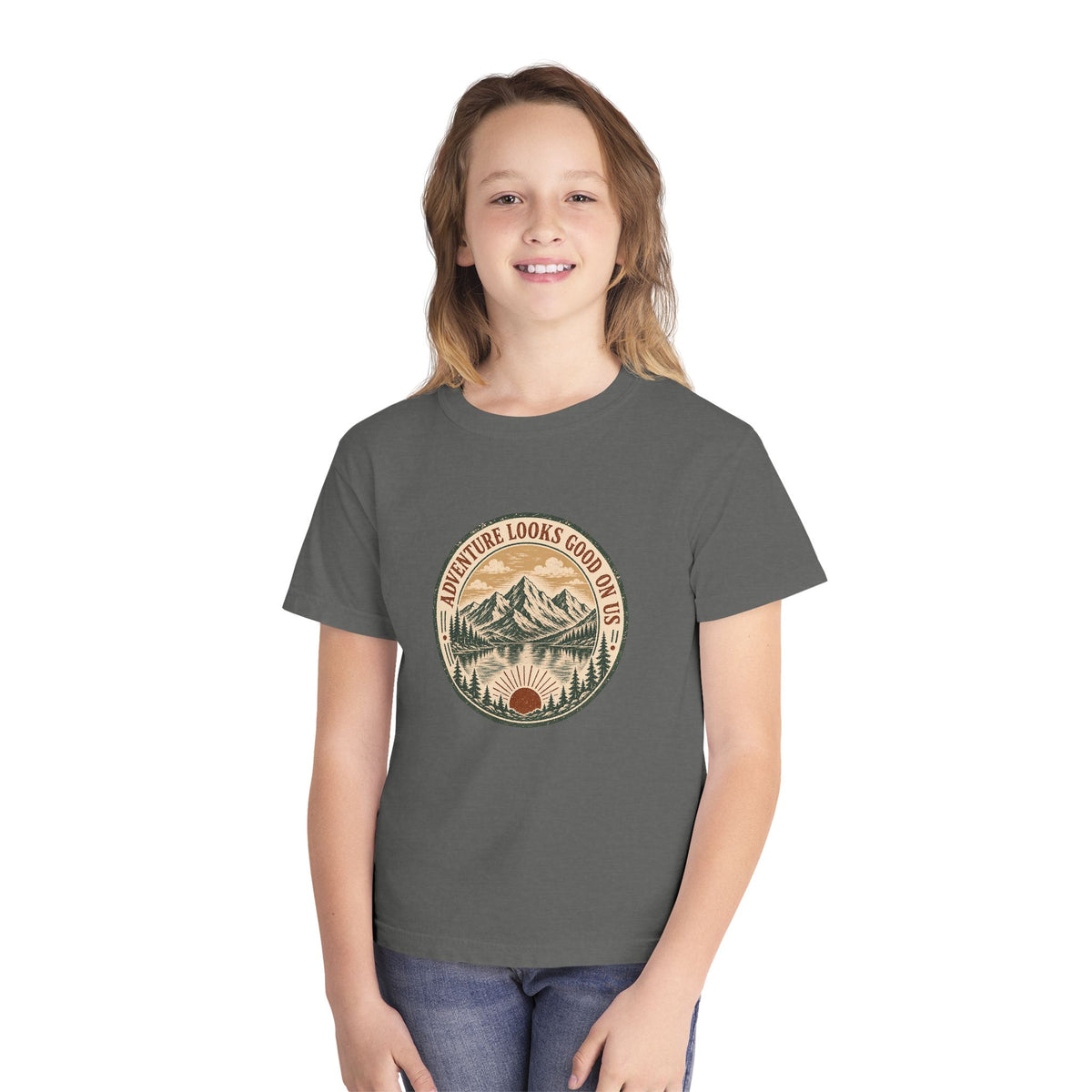 Adventure Looks Good On Us Youth Tee – Kids' Comfort Colors Mountain Travel Shirt – flat lay