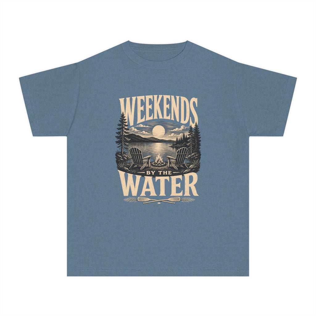 Weekends by the Water Youth Tee – Kids' Comfort Colors Lake Vacation Shirt in Blue Jean – flat lay