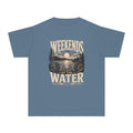 Weekends by the Water Youth Tee – Kids' Comfort Colors Lake Vacation Shirt in Blue Jean – flat lay