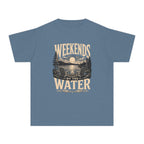Weekends by the Water Youth Tee – Kids' Comfort Colors Lake Vacation Shirt in Blue Jean – flat lay