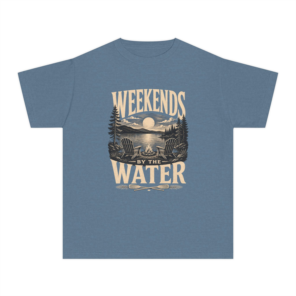 Weekends by the Water Youth Tee – Kids' Comfort Colors Lake Vacation Shirt in Blue Jean – flat lay