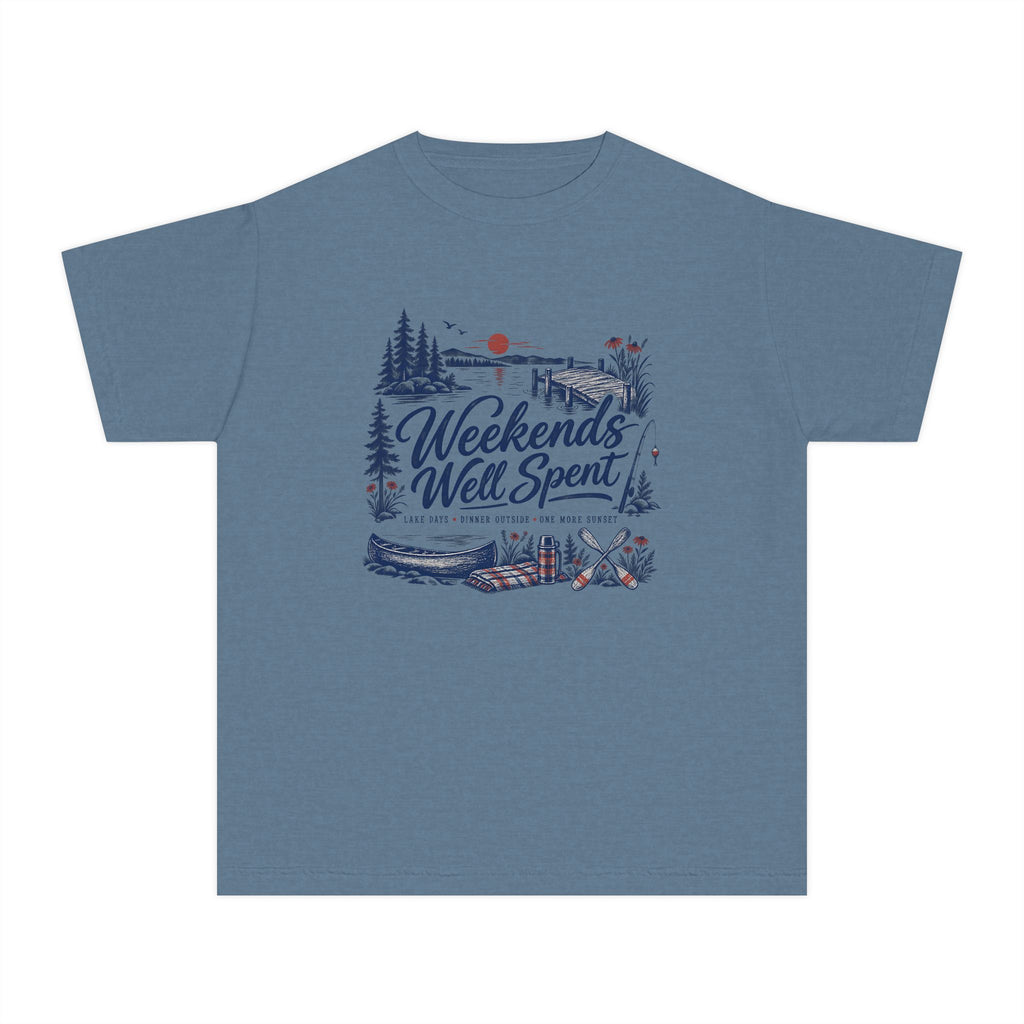 Weekends Well Spent Youth Tee – Kids' Comfort Colors Lake Vacation Shirt in Blue Jean – flat lay