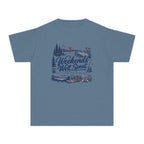 Weekends Well Spent Youth Tee – Kids' Comfort Colors Lake Vacation Shirt in Blue Jean – flat lay