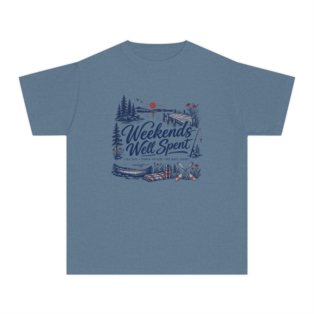 Weekends Well Spent Youth Tee – Kids' Comfort Colors Lake Vacation Shirt in Blue Jean – flat lay