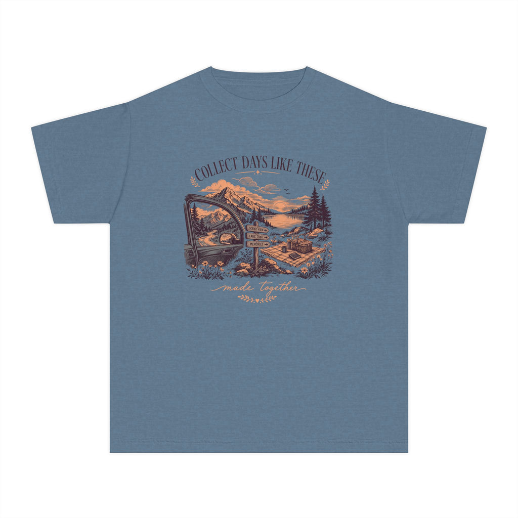 Collect Days Like These Youth Tee – Kids' Comfort Colors Family Travel Shirt in Blue Jean – flat lay