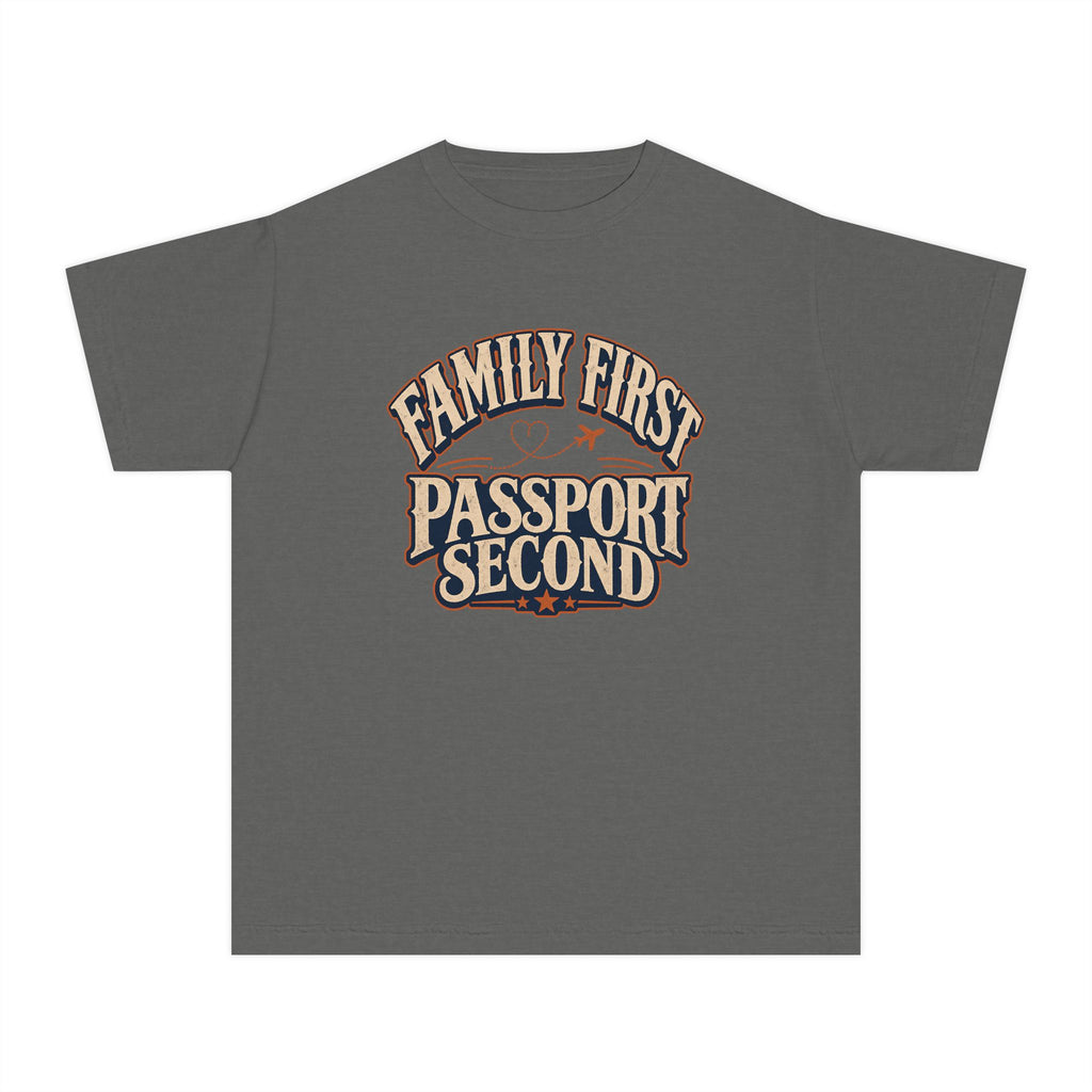 Family First Passport Second Youth Tee – Kids' Comfort Colors Travel Shirt in Pepper – flat lay