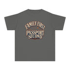 Family First Passport Second Youth Tee – Kids' Comfort Colors Travel Shirt in Pepper – flat lay