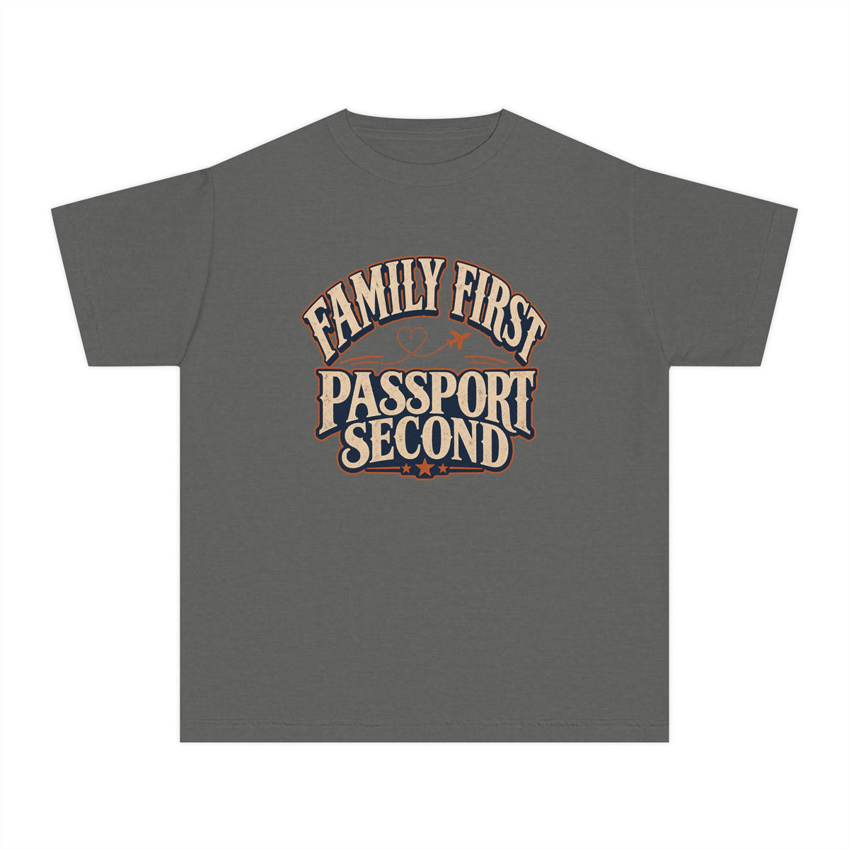 Family First Passport Second Youth Tee – Kids' Comfort Colors Travel Shirt in Pepper – flat lay