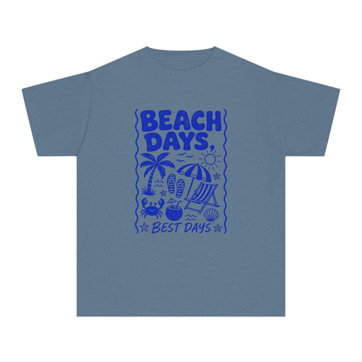 Beach Days Best Days Youth Tee – Kids' Comfort Colors Beach Vacation Shirt in Blue Jean – flat lay