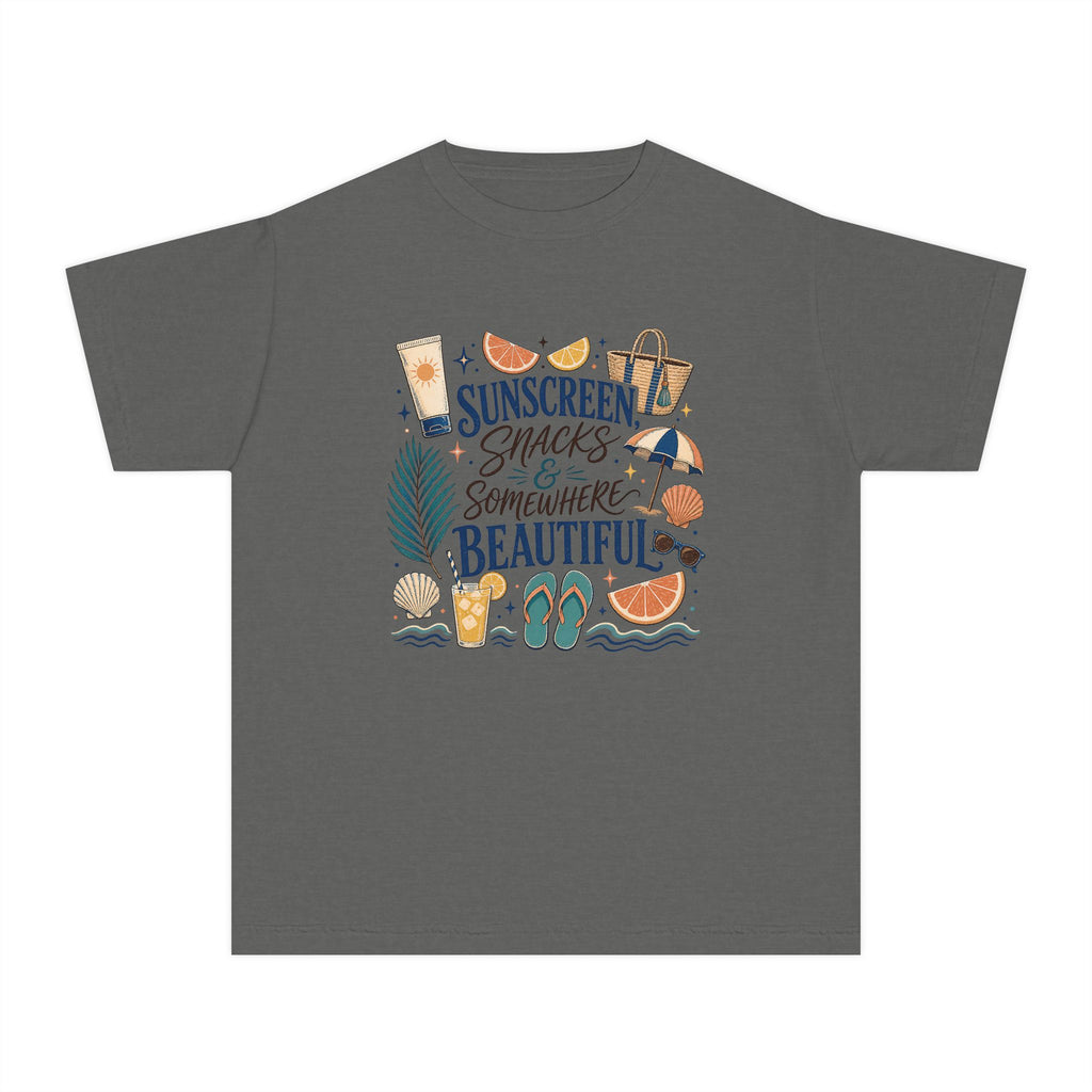 Sunscreen Snacks and Somewhere Beautiful Youth Tee – Kids' Comfort Colors Beach Vacation Shirt in Pepper – flat lay