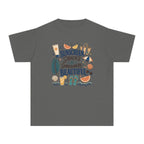 Sunscreen Snacks and Somewhere Beautiful Youth Tee – Kids' Comfort Colors Beach Vacation Shirt in Pepper – flat lay