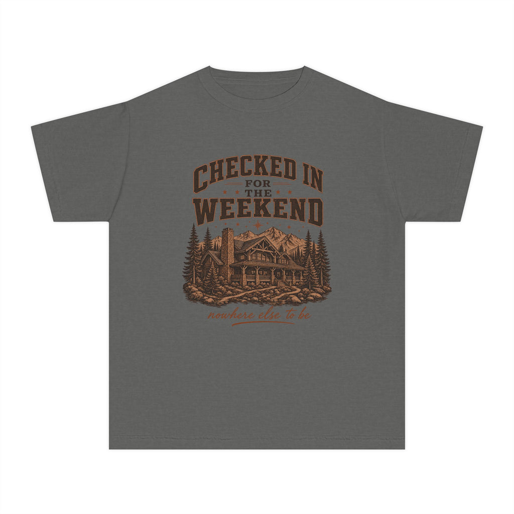Checked In for the Weekend Youth Tee – Kids' Comfort Colors Cabin Weekend Shirt in Pepper – flat lay