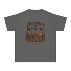 Checked In for the Weekend Youth Tee – Kids' Comfort Colors Cabin Weekend Shirt in Pepper – flat lay