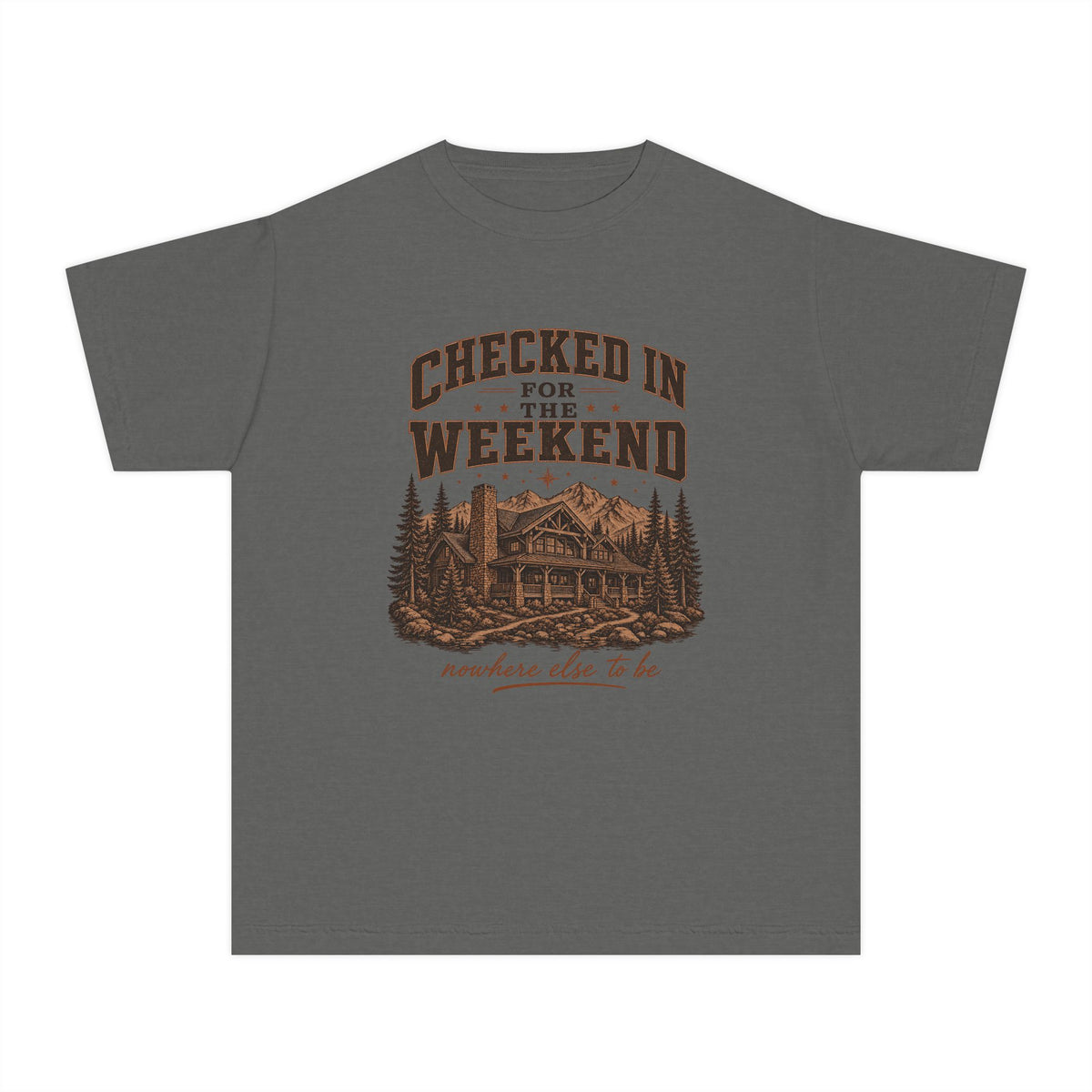 Checked In for the Weekend Youth Tee – Kids' Comfort Colors Cabin Weekend Shirt in Pepper – flat lay