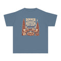 Dinner Tastes Better Out Here Youth Tee – Kids' Comfort Colors Camping Shirt in Blue Jean – flat lay