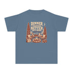 Dinner Tastes Better Out Here Youth Tee – Kids' Comfort Colors Camping Shirt in Blue Jean – flat lay
