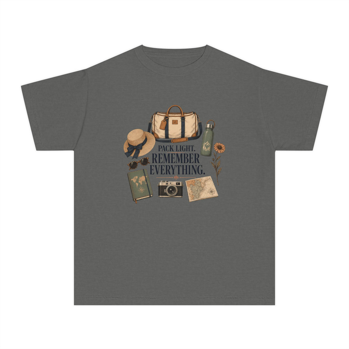 Pack Light Remember Everything Youth Tee – Kids' Comfort Colors Travel Shirt in Pepper – flat lay