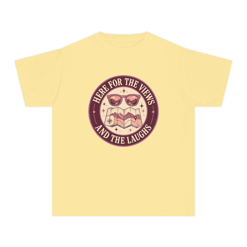 Here for the Views and the Laughs Youth Tee – Kids' Comfort Colors Travel Shirt in Butter – flat lay