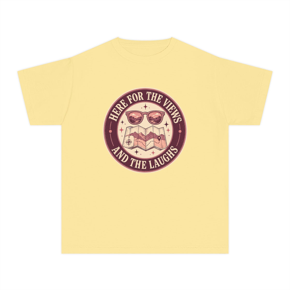 Here for the Views and the Laughs Youth Tee – Kids' Comfort Colors Travel Shirt in Butter – flat lay