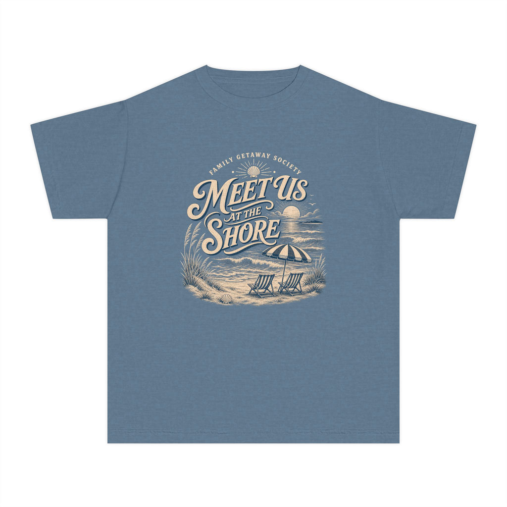 Meet Us at the Shore Youth Tee – Kids' Comfort Colors Beach Vacation Shirt in Blue Jean – flat lay