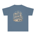 Meet Us at the Shore Youth Tee – Kids' Comfort Colors Beach Vacation Shirt in Blue Jean – flat lay