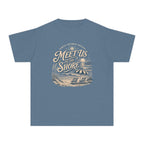 Meet Us at the Shore Youth Tee – Kids' Comfort Colors Beach Vacation Shirt in Blue Jean – flat lay