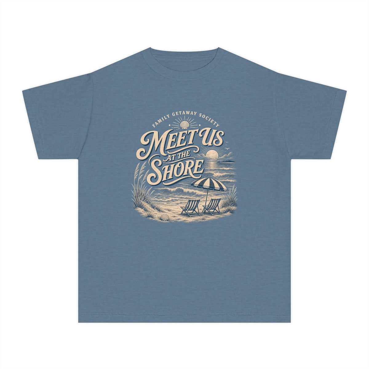 Meet Us at the Shore Youth Tee – Kids' Comfort Colors Beach Vacation Shirt in Blue Jean – flat lay