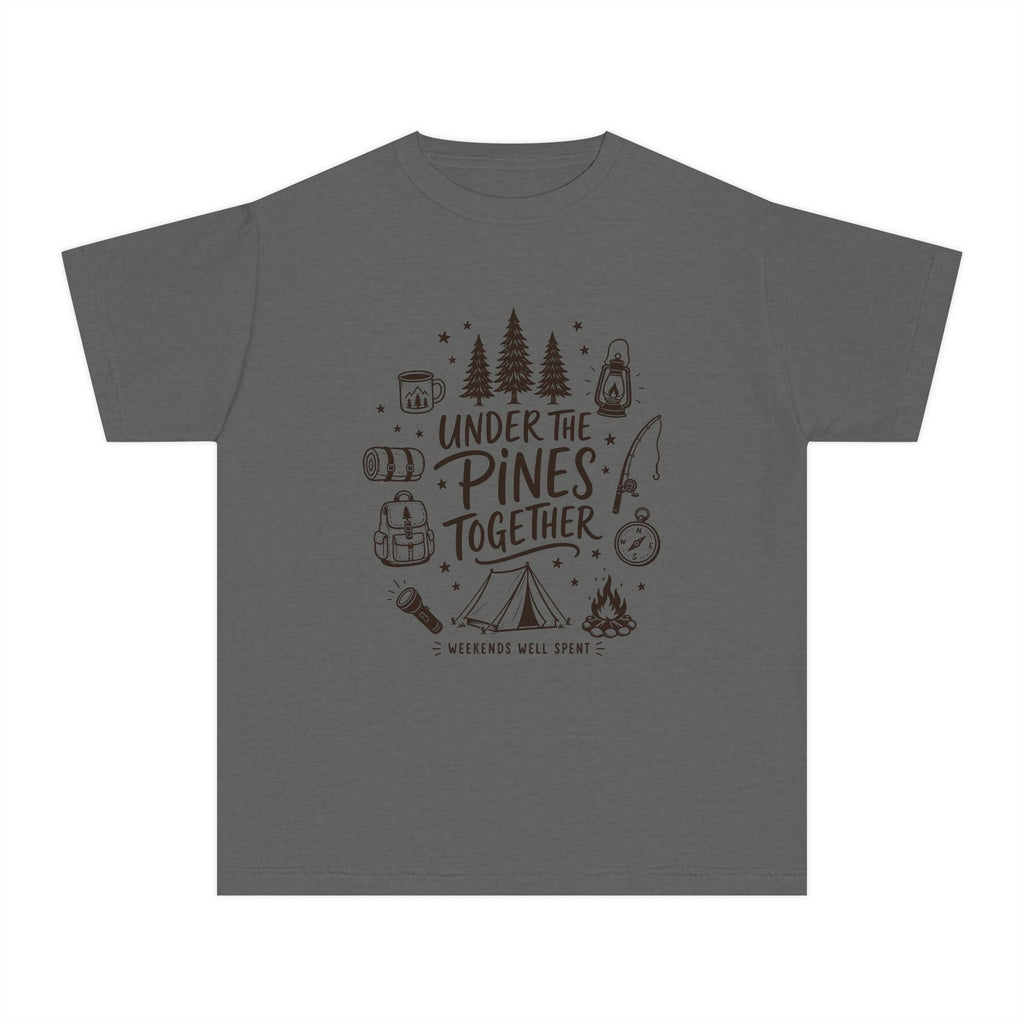 Under the Pines Together Youth Tee – Kids' Comfort Colors Camping Shirt in Pepper – flat lay