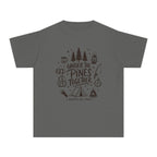 Under the Pines Together Youth Tee – Kids' Comfort Colors Camping Shirt in Pepper – flat lay