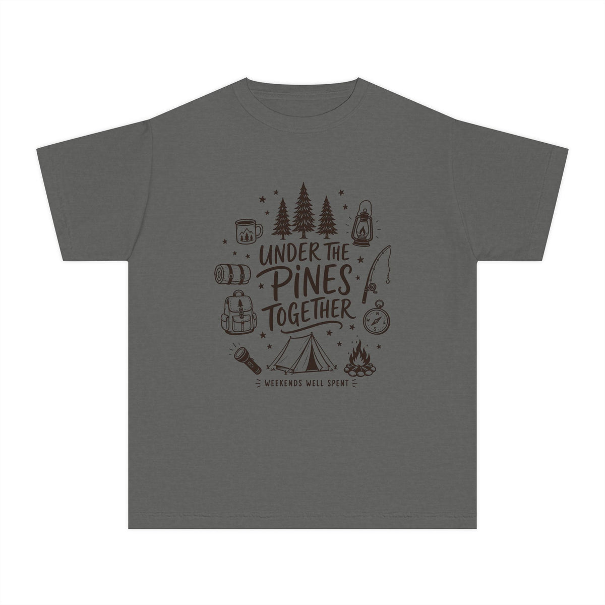 Under the Pines Together Youth Tee – Kids' Comfort Colors Camping Shirt in Pepper – flat lay