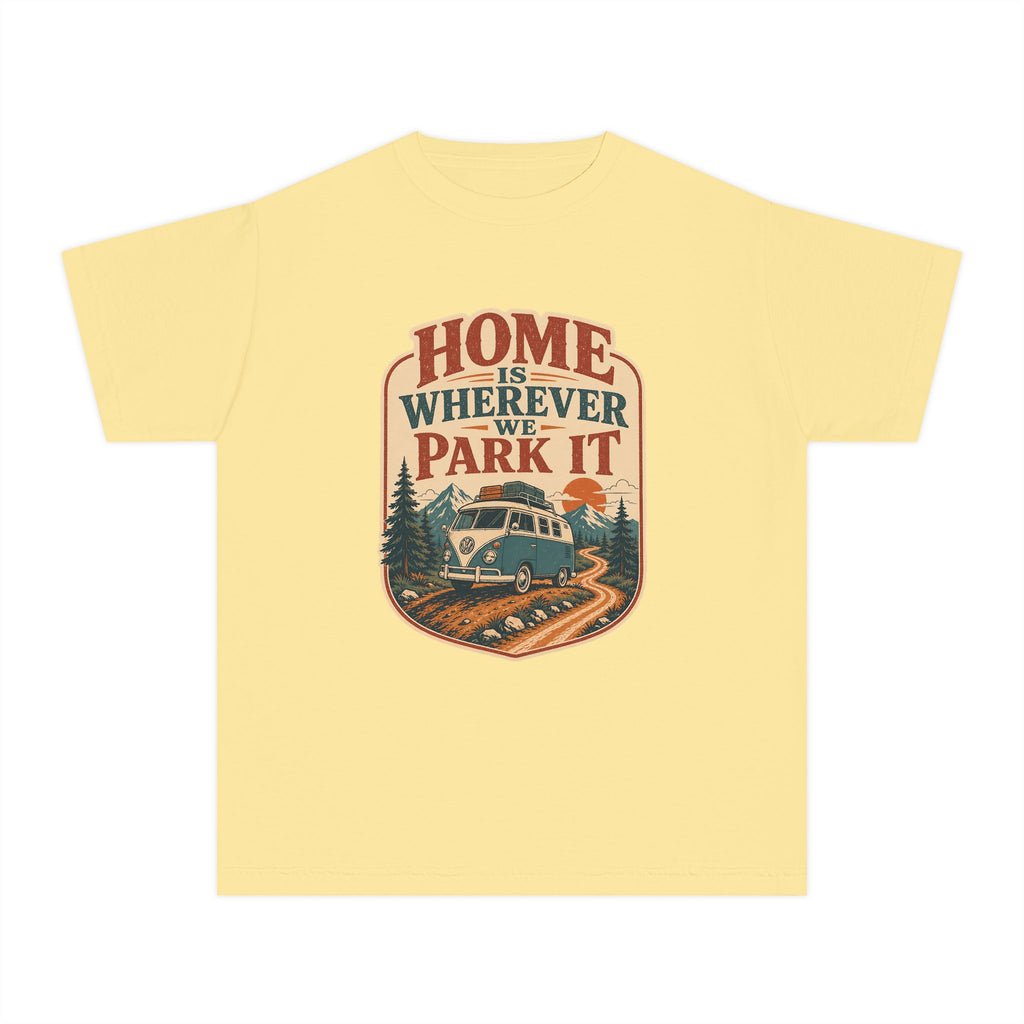 Home Is Wherever We Park It Youth Tee – Kids' Comfort Colors Camper Van Shirt in Butter – flat lay