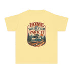 Home Is Wherever We Park It Youth Tee – Kids' Comfort Colors Camper Van Shirt in Butter – flat lay