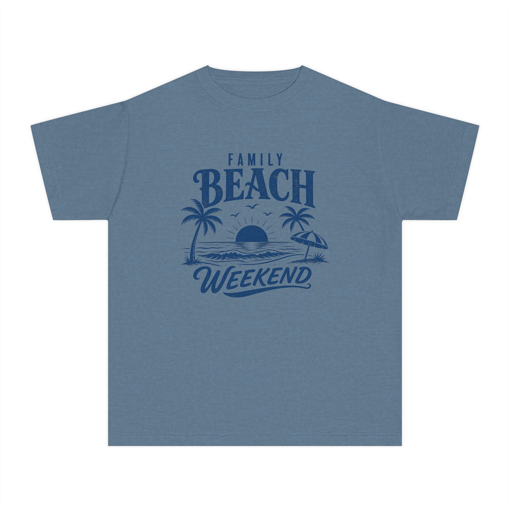Family Beach Weekend Youth Tee – Kids' Comfort Colors Beach Vacation Shirt in Blue Jean – flat lay