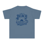 Family Beach Weekend Youth Tee – Kids' Comfort Colors Beach Vacation Shirt in Blue Jean – flat lay
