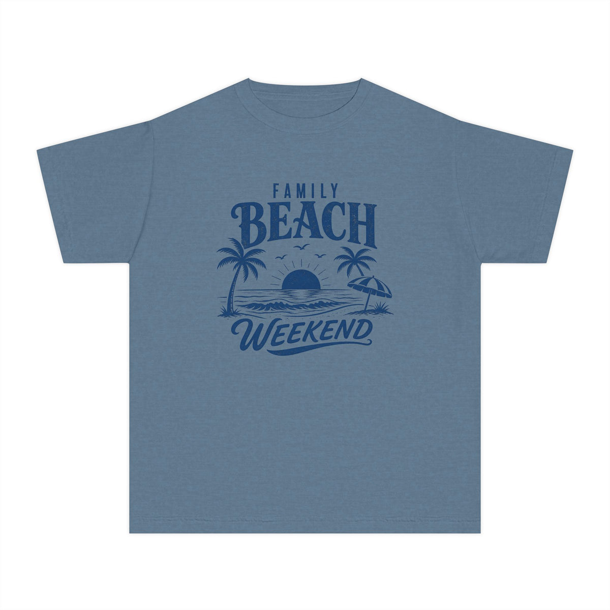 Family Beach Weekend Youth Tee – Kids' Comfort Colors Beach Vacation Shirt in Blue Jean – flat lay