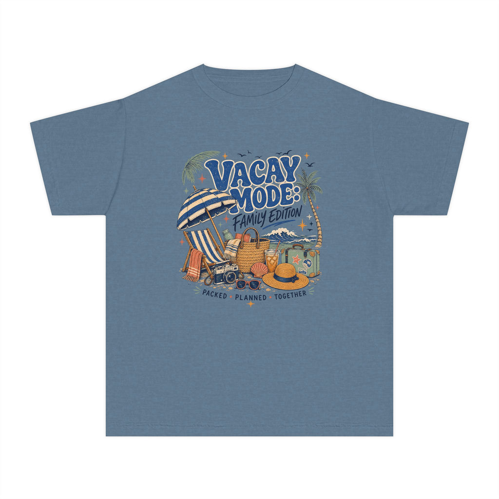 Vacay Mode Family Edition Youth Tee – Kids' Comfort Colors Family Travel Shirt in Blue Jean – flat lay