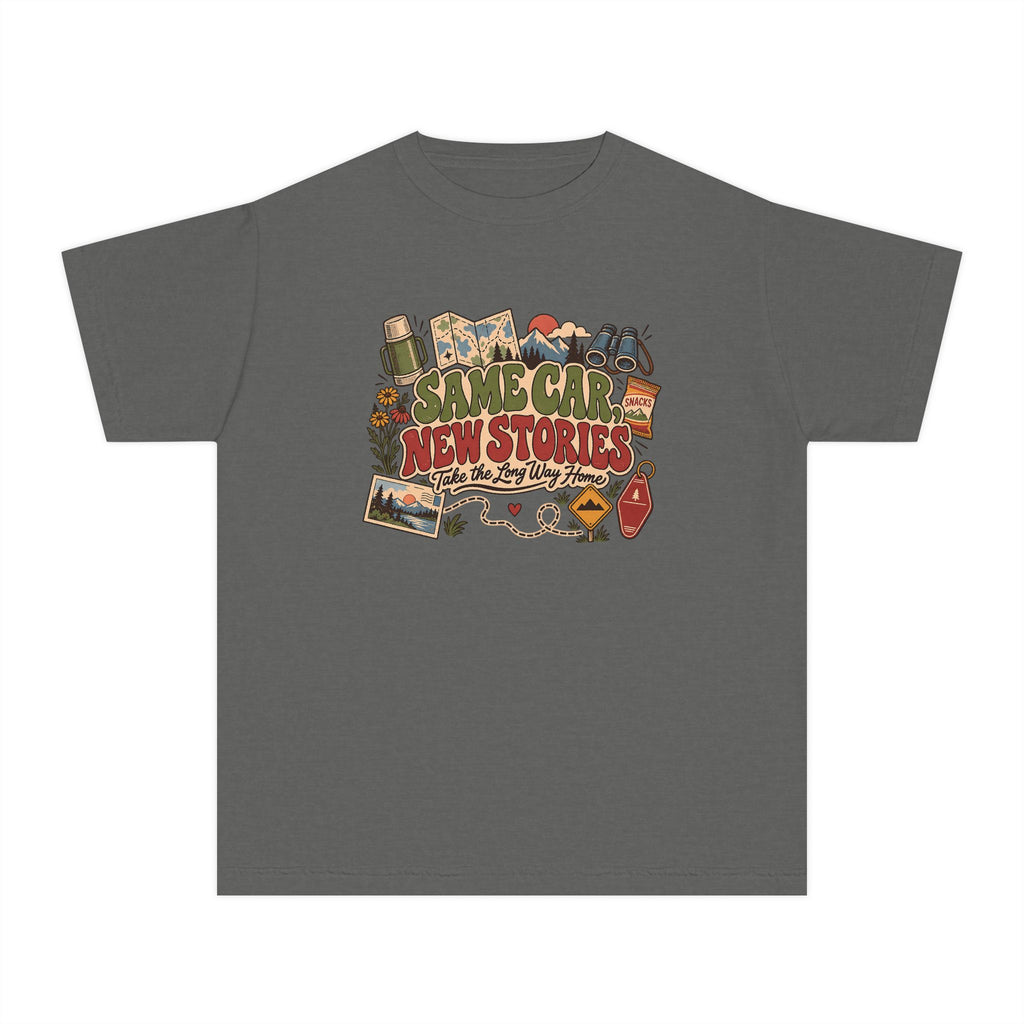 Same Car New Stories Youth Tee – Kids' Comfort Colors Road Trip Shirt in Pepper – flat lay